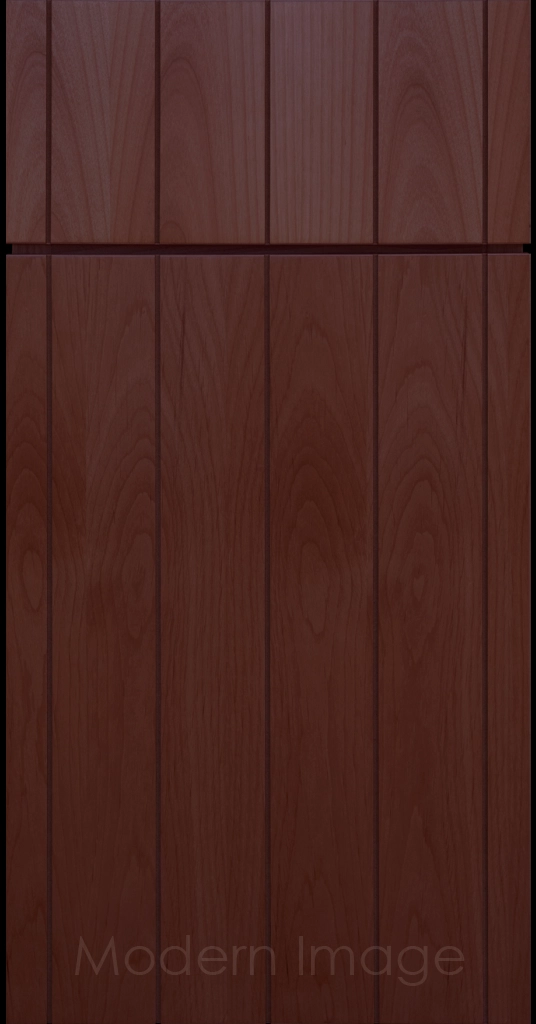 Front view of a Brooklyn style Grooved Flat Panel Cabinet Door and Drawer finished in Cherry Stain.